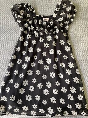 SO Black Dress with White Daisy Print and Puff Sleeves